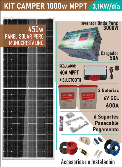 KIT SOLAR 2,8KW/día Monocristalino + Inversor 12v 1KW + Batería 600A -  Camper my Home