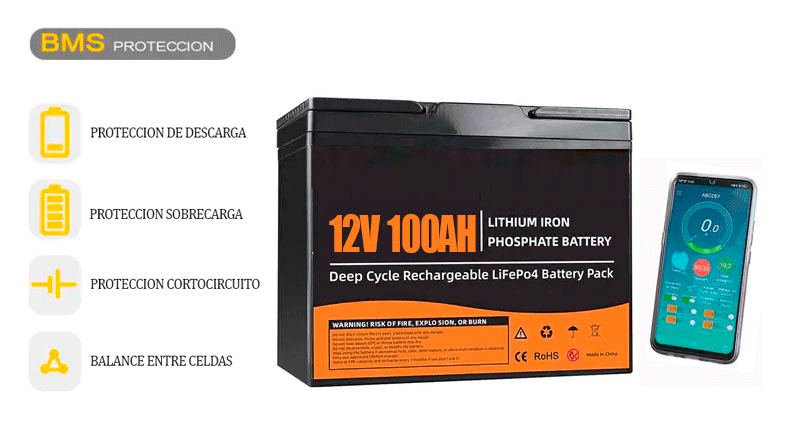 Batería Solar Lifepo4 12v 100AMP 1,28KW + Bluetooth