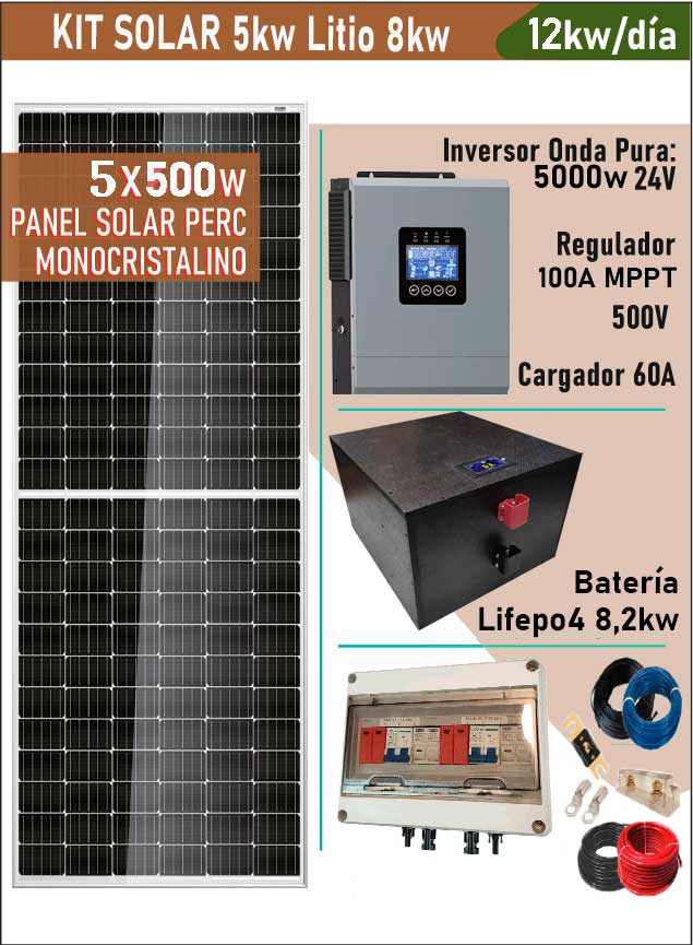 KIT SOLAR 12,5KW/día PREMONTADO + Inversor 5KW + Baterías 8,2KW Litio + Wifi/Bluetooth