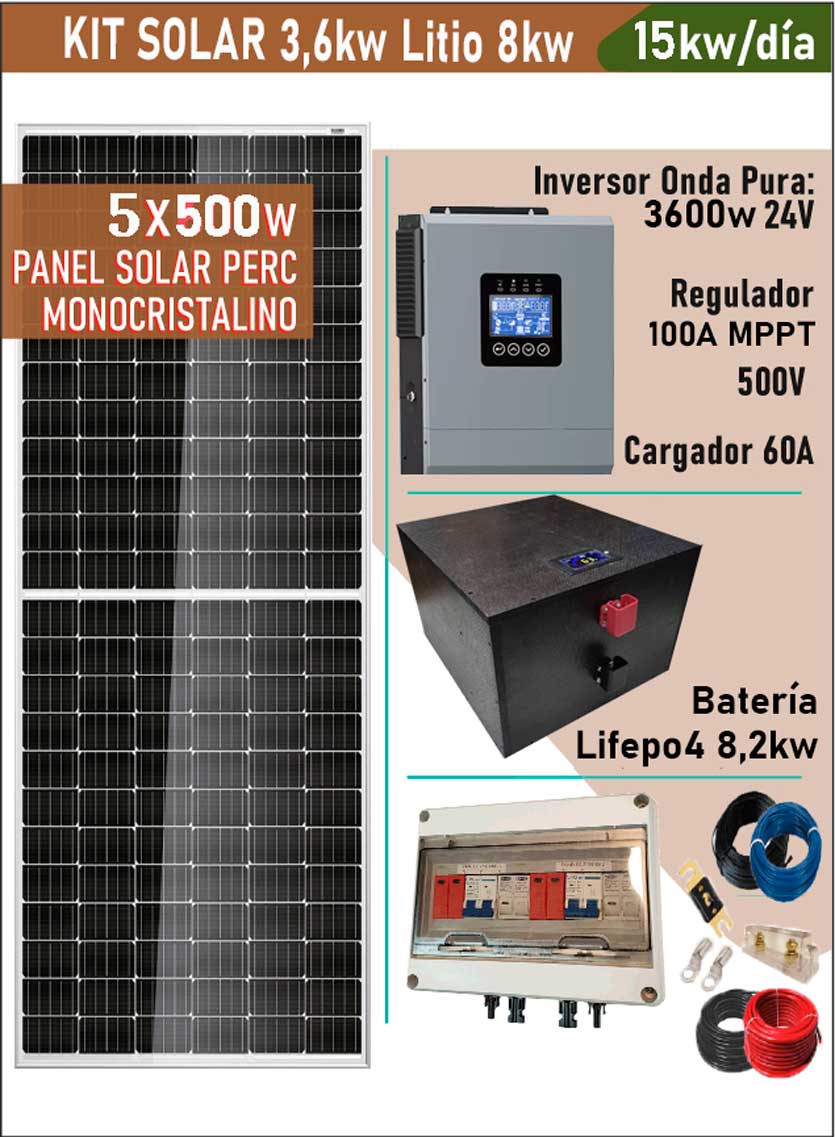 KIT SOLAR 12,5KW/día PREMONTADO + Inversor 3,6KW + Baterías 8,2KW Litio + Wifi/Bluetooth